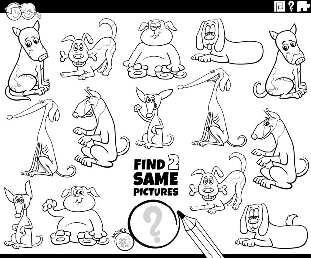 Premium vector black and white cartoon illustration of finding two same pictures educational game with ic dogs animal characters coloring page