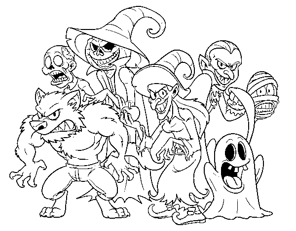 Halloween monsters coloring page