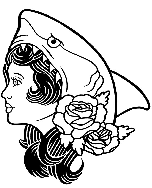 Abstract tatto design rose shark woman on coloring page