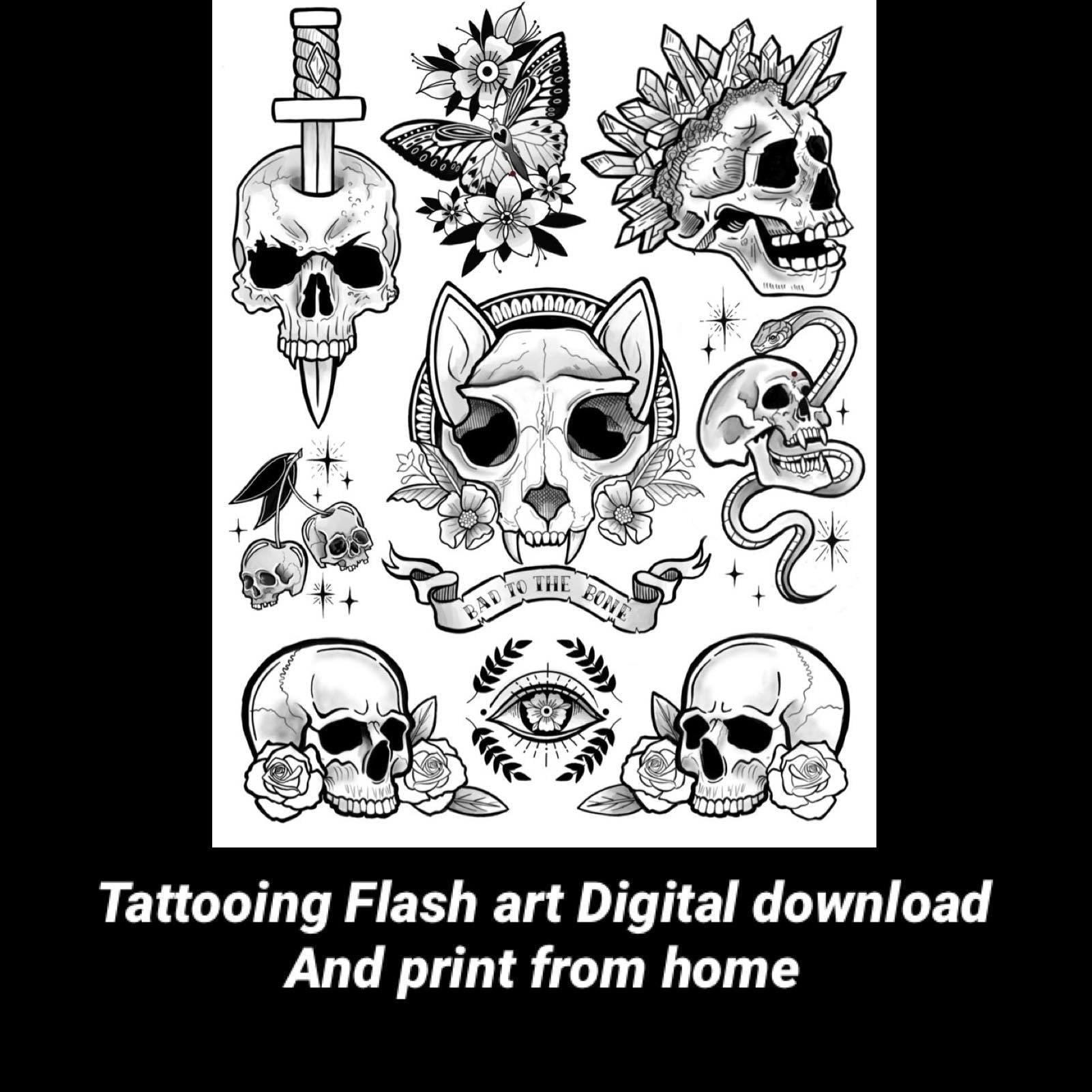 Skull tattoo flash inspired colouring pages svg digital download art printsadult coloring pages