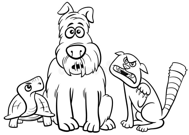 Cartoon dog character with cat and tortoise coloring page stock vector