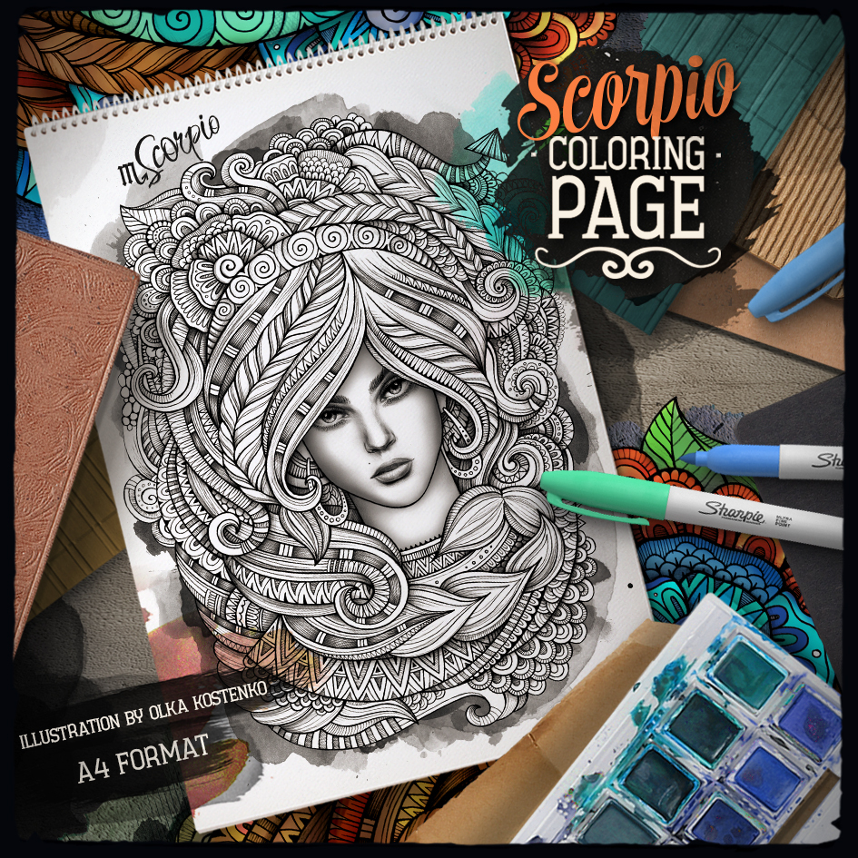 Scorpio zodiac adult coloring page bonus