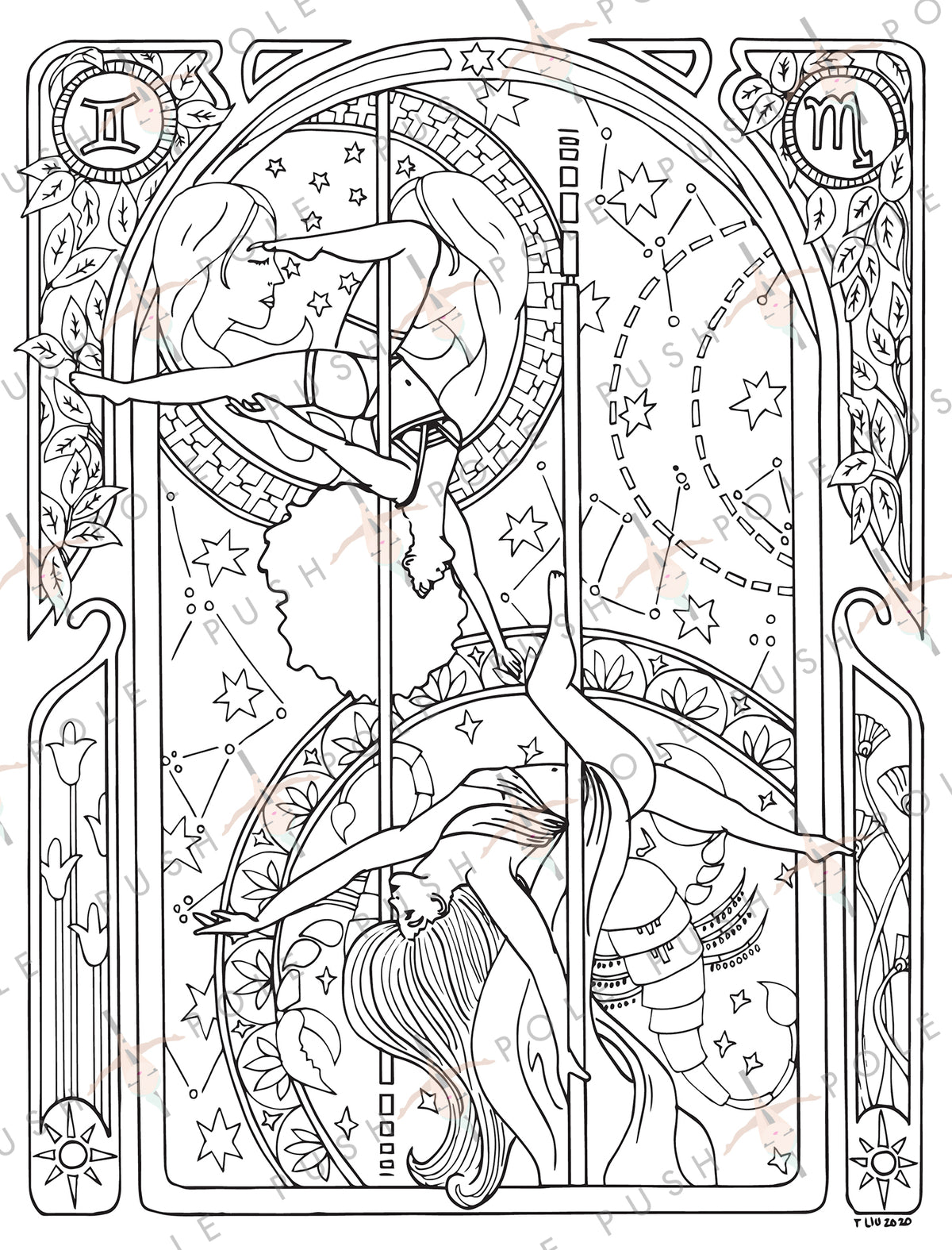 Scorpio gemini pole dance digital coloring page x â push and pole
