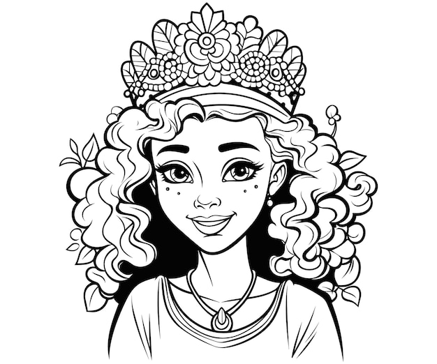 Premium vector young girl portrait coloring page