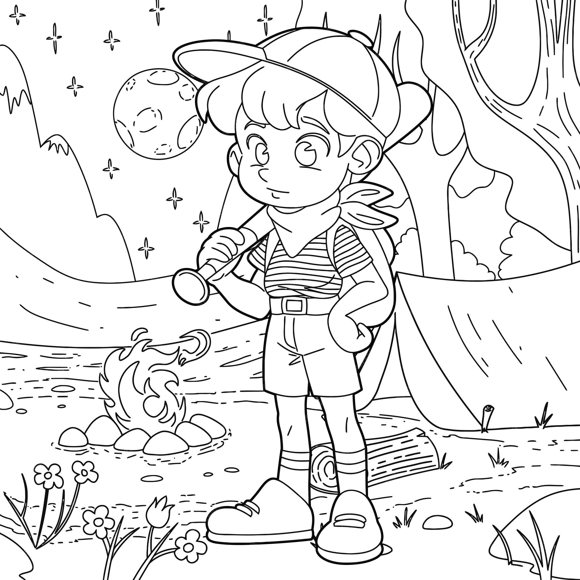 Premium vector children coloring book scout boy camping in the forest