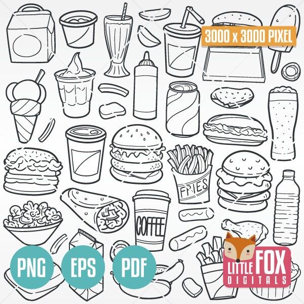 Burger menu fast food restaurant menu doodle icons clipart scrapbook set coloring hand drawing line art scribble design hand drawn png