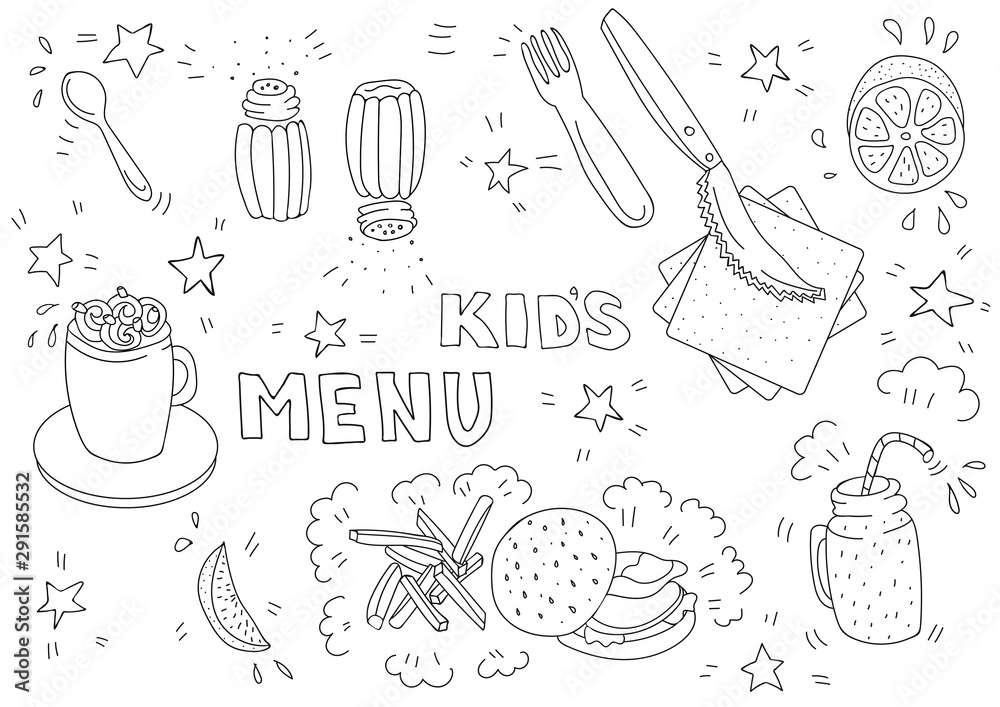 Black and white illustration for kids menu with burger french fries lemon cocoa smoothies in doodle style page of a childrens coloring book blank a horizontal format vector