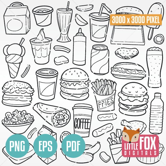 Burger menu fast food restaurant menu doodle icons clipart scrapbook set coloring hand drawing line art scribble design hand drawn png