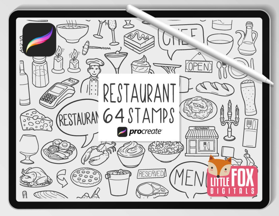 Restaurant stamps procreate brushes food icons chef bundle doodles menu gastronomy digital sticker planner scrapbook set coloring