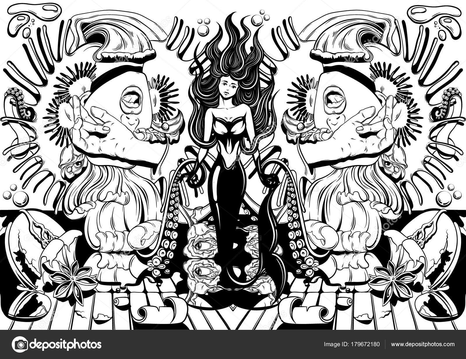 Vector hand drawn illustration screaming girl tentacles roses venus flytrap stock vector by katytutynina