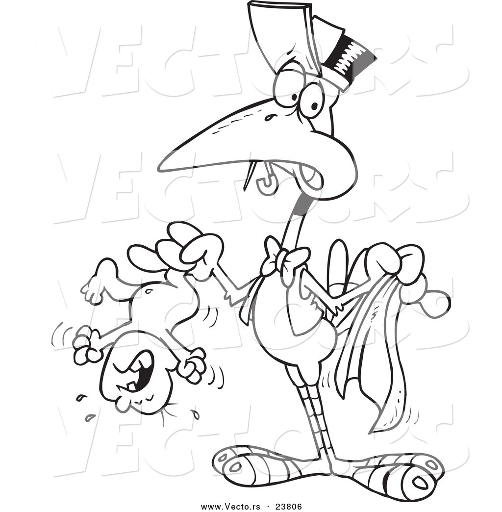 R of a cartoon stork holding a crying baby