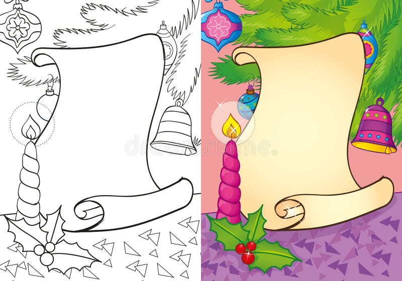 Coloring book of christmas scroll with candle stock illustration
