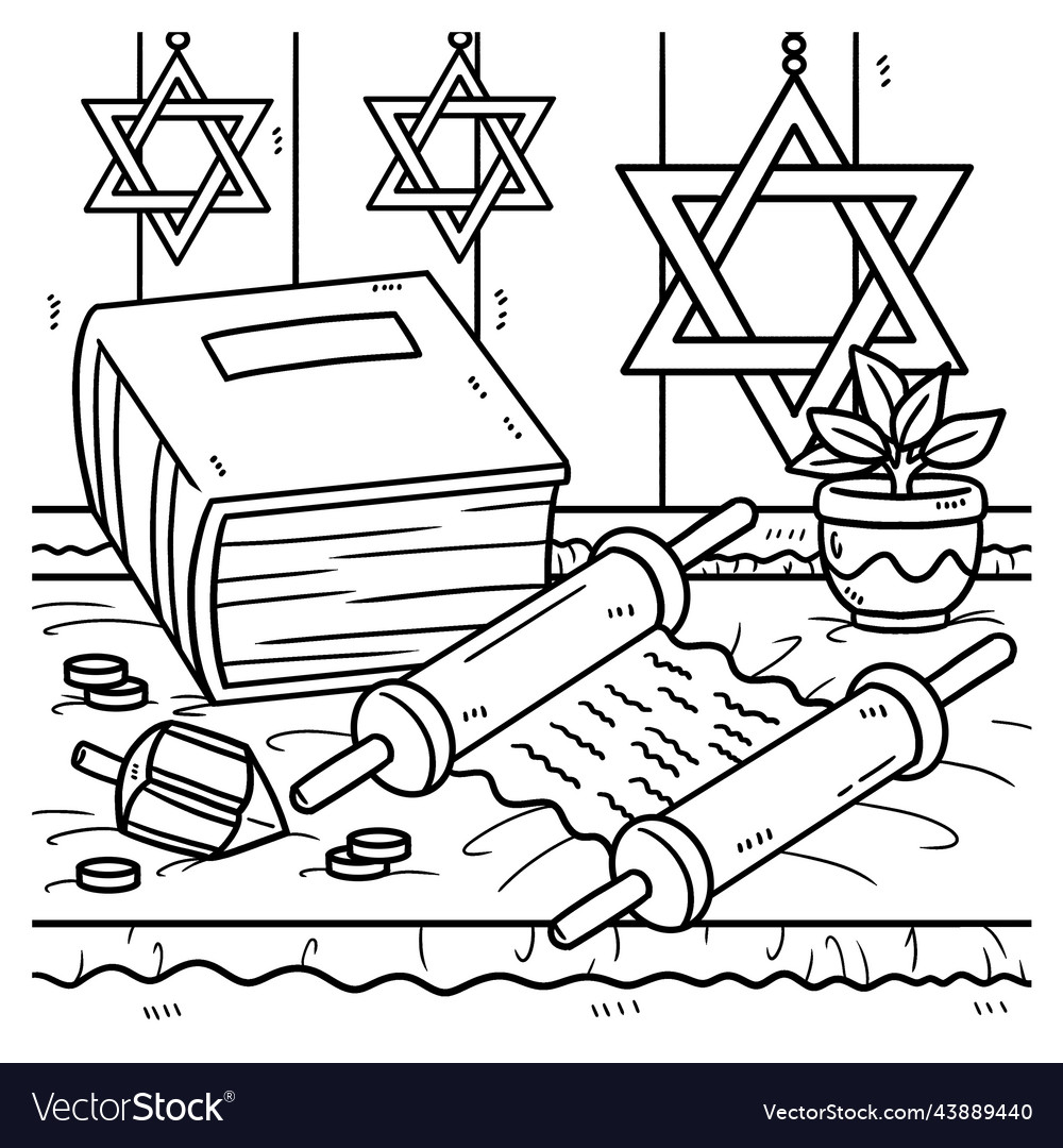 Hanukkah torah scroll and book coloring page vector image