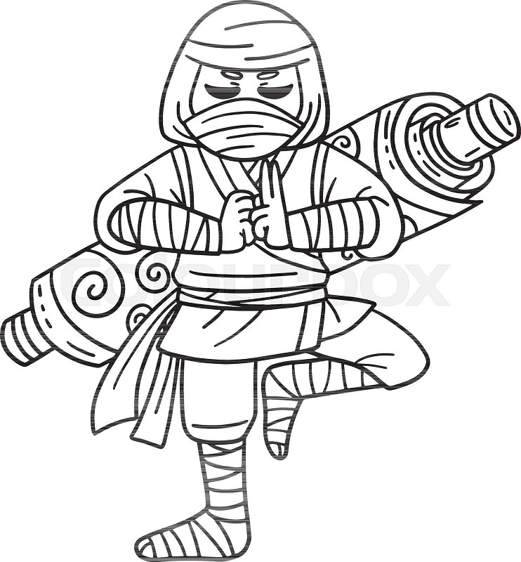 Ninja with a scroll on back isolated coloring page stock vector