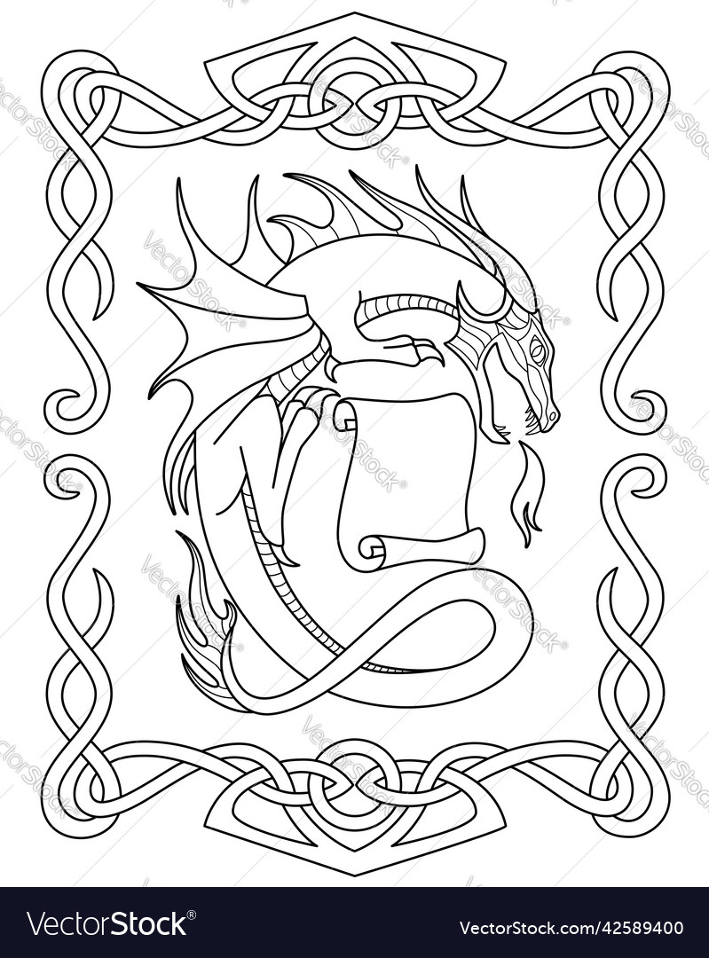 Dragon with a scroll in frame of celtic ornament vector image