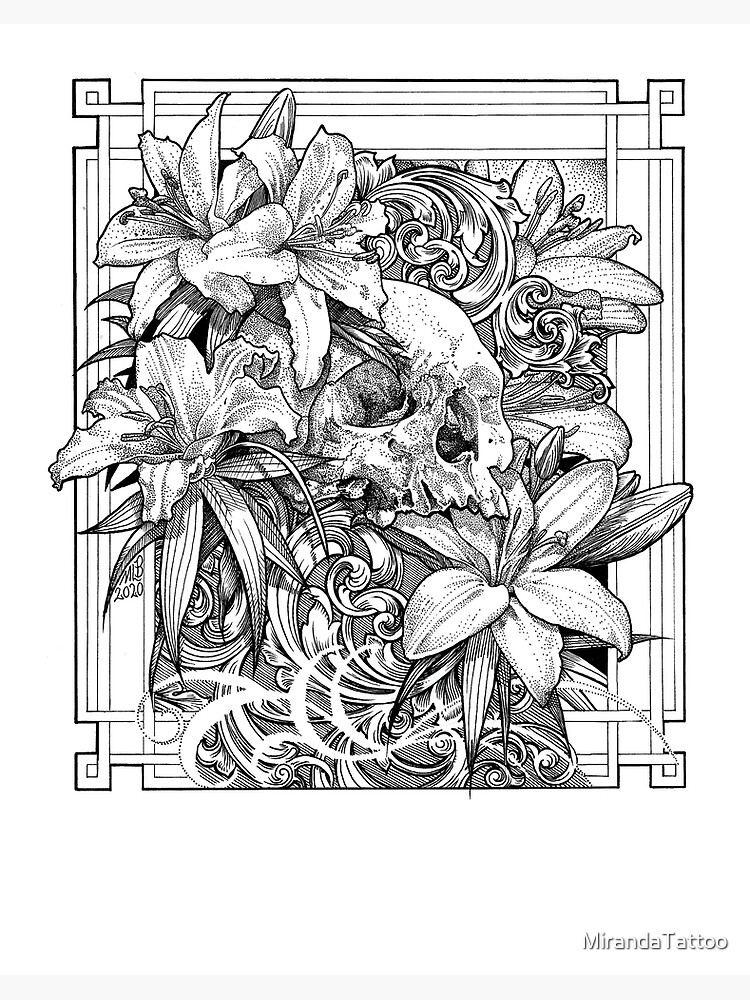 Skull with lilies and scroll