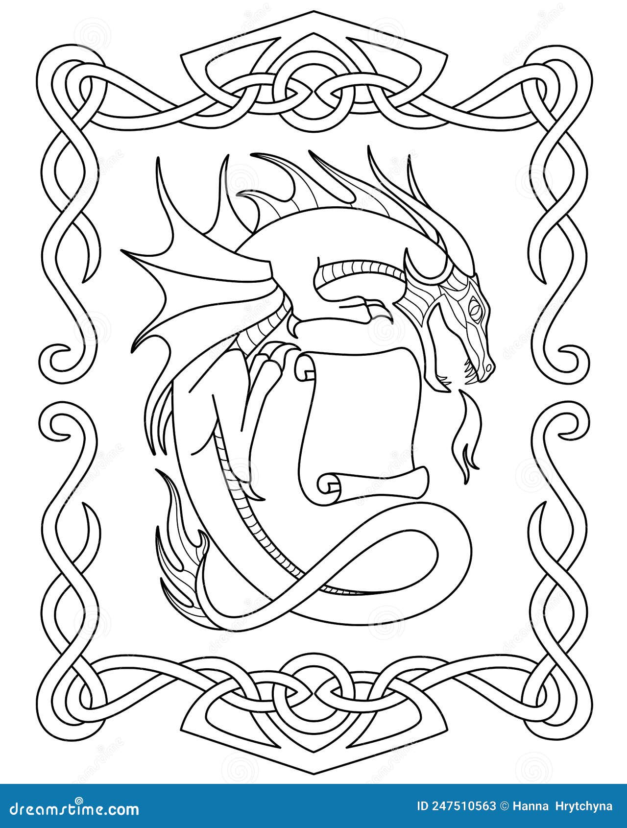 Dragon with a scroll in a frame of celtic ornament