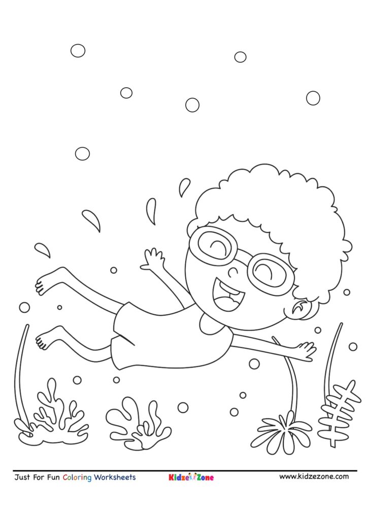 Kid scuba diving cartoon coloring page