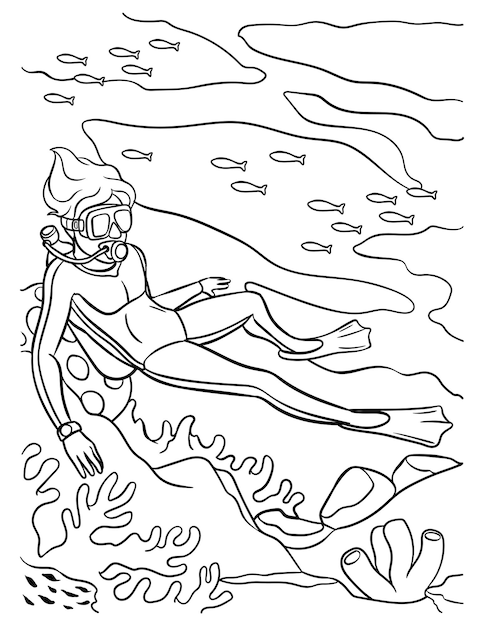 Premium vector scuba diving coloring page for kids