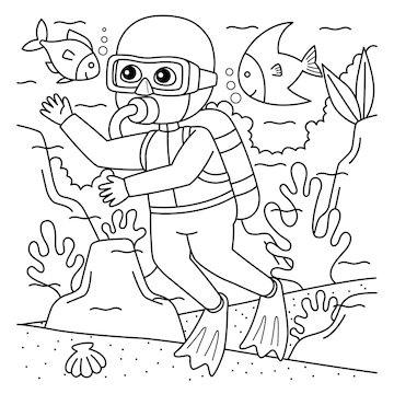 Premium vector a cute and funny coloring page of a boy scuba diving provides hours of coloring fun for children color this page is very easy suitable for little kids and