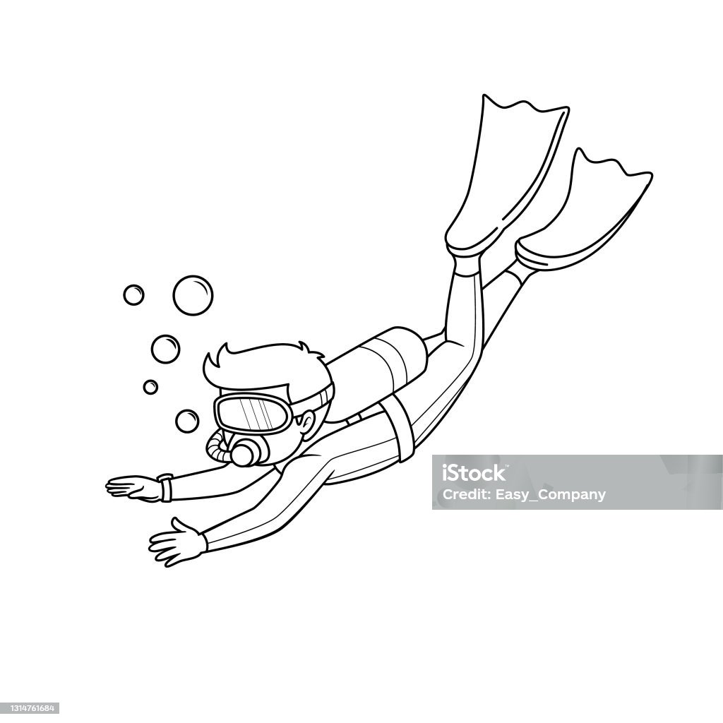 Vector illustration of a man doing scuba diving in the sea isolated on white background recreational activity concepts kids coloring page color cartoon character clipart stock illustration