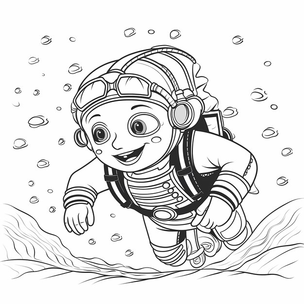 Premium ai image coloring page kids no shading no gray kid scuba diving fish cartoon style