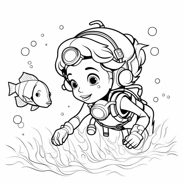 Premium ai image coloring page kids no shading no gray kid scuba diving fish cartoon style