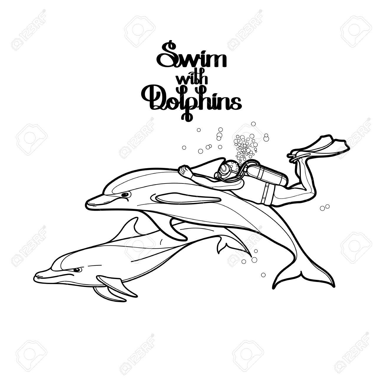Graphic scuba diver riding the dolphin summer underwater activity sea and ocean vector creatures in black and white colors vector isolated art coloring book page design royalty free svg cliparts vectors and