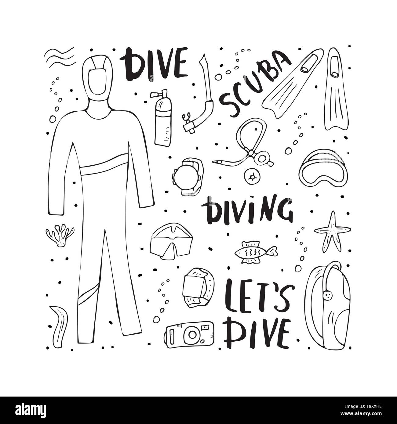 Scuba diving set of elements lettering and equipment underwater activity symbols and accessories diver wetsuit scuba mask aqualung and other gear stock vector image art
