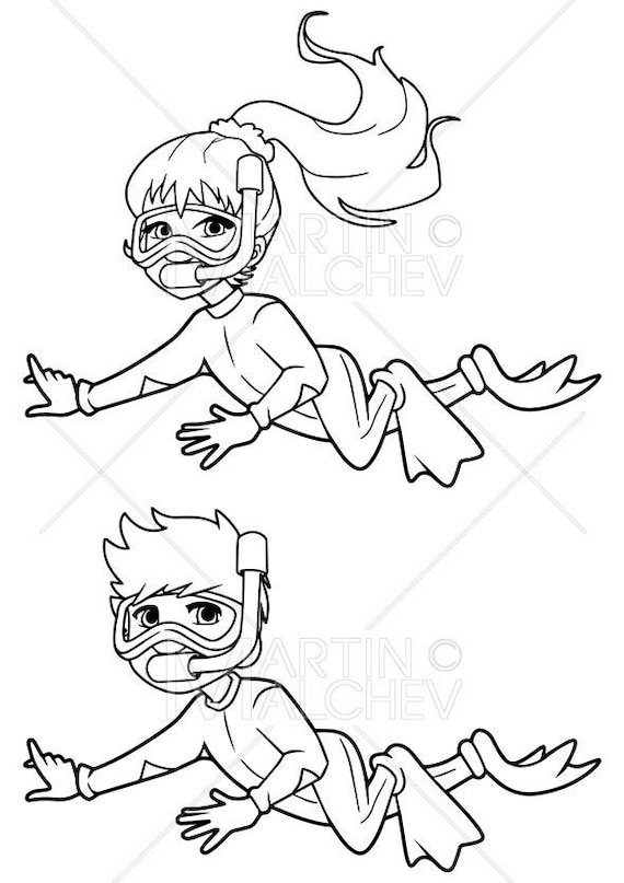 Diver kids line art vector illustration boy girl children diving snorkeling swimming vacations summer suit neoprene mask fins