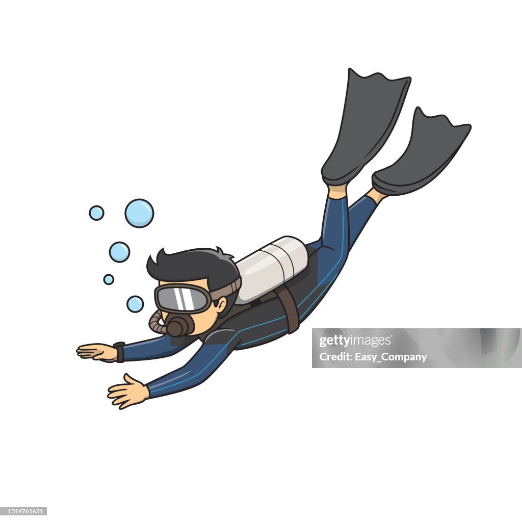 Vector illustration of a man doing scuba diving in the sea isolated on white background recreational activity concepts kids coloring page color cartoon character clipart high