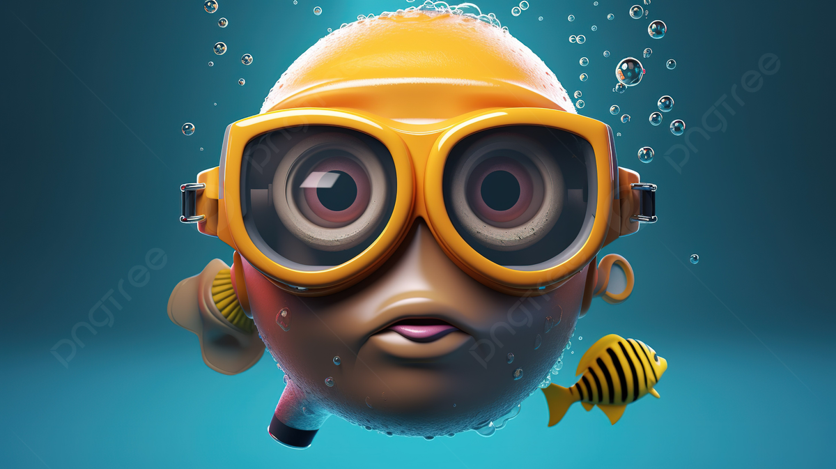 An animated cartoon fish in goggles is floating in the water background d emoji with scuba diving hd photography photo scuba diving background image and wallpaper for free download