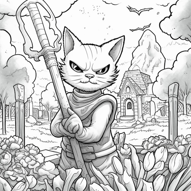 Premium ai image coloring pages of a cat with a scyther in a garden generative ai