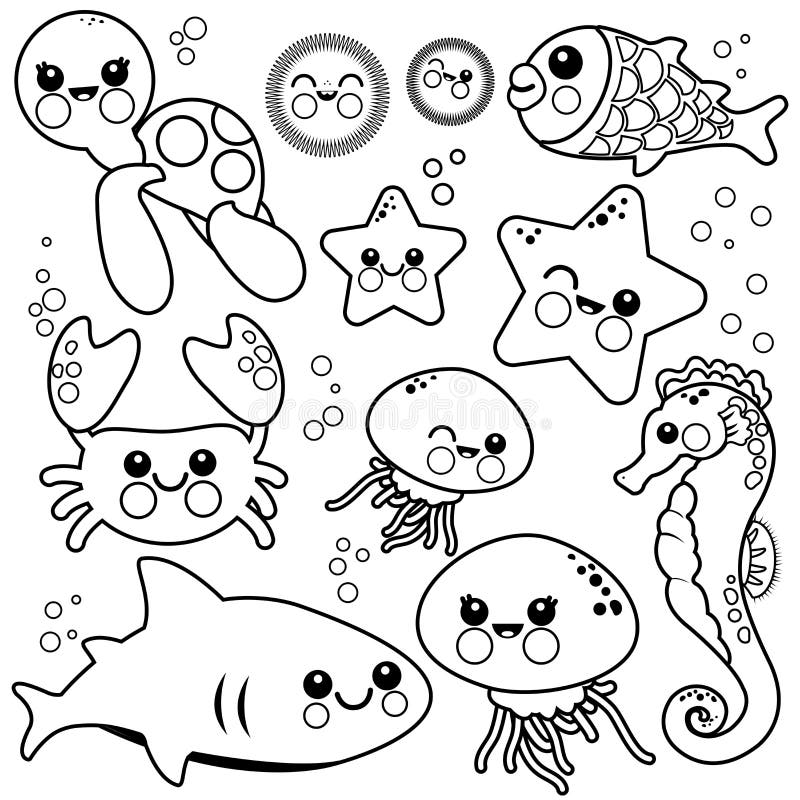 Sea animals swimming in the sea vector black and white coloring page stock vector