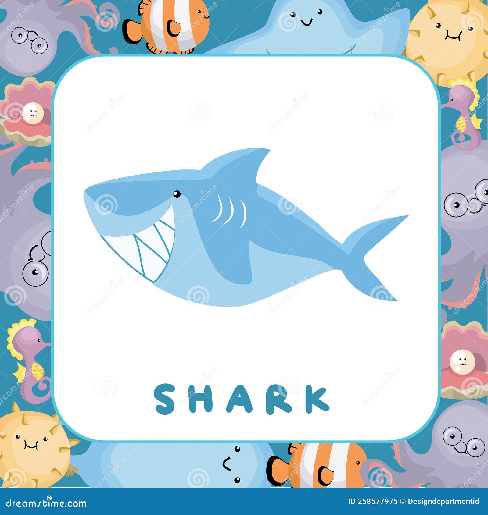Kawaii sea animals flashcards for kids cute cartoon design illustration stock vector