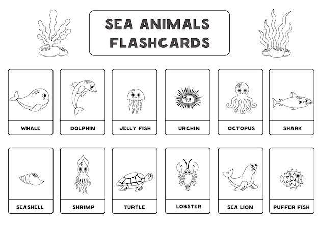 Premium vector cute cartoon sea animals with names black and white flashcards for learning english