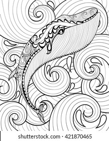 Zentangle whale sea adult coloring page stock illustration
