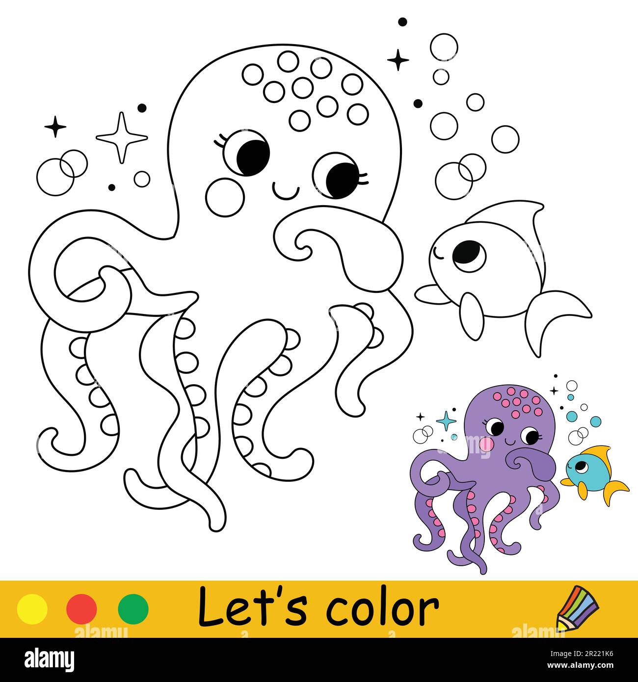 Cute happy octopus and a fish vector cartoon illustration kids coloring page with a color sample for print design poster sticker card decorati stock vector image art