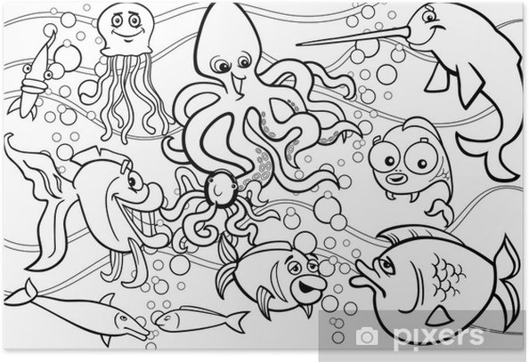 Poster sea life animals group coloring page
