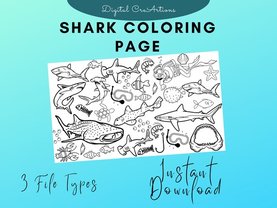 Sharks coloring poster sea life coloring ocean coloring page under water coloring shark themed party activity kids homeschool activity download now
