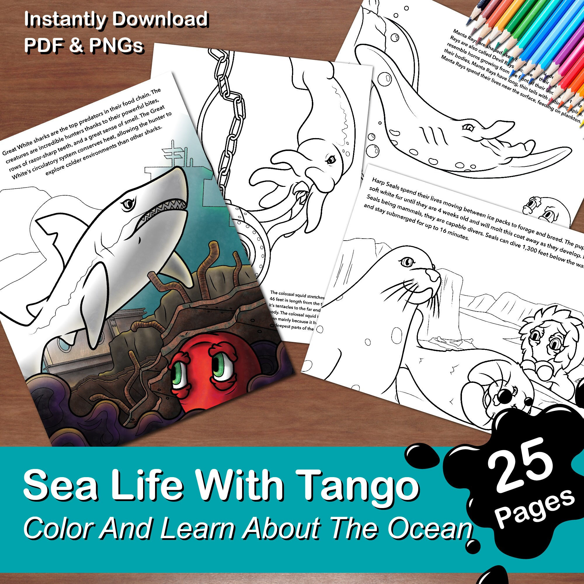 Sea life coloring book for kids and adults pages instant download pdf and png color and learn sharks octopus and penguins