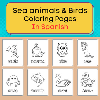 Birds and sea animals coloring pages bundle in spanish printable posters