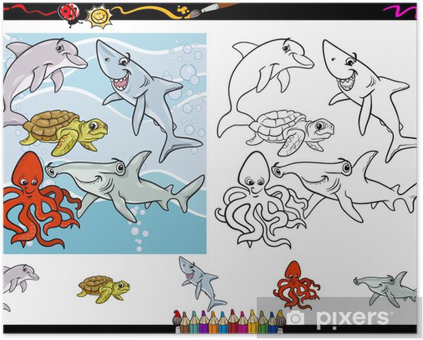 Poster sea life cartoon coloring page set