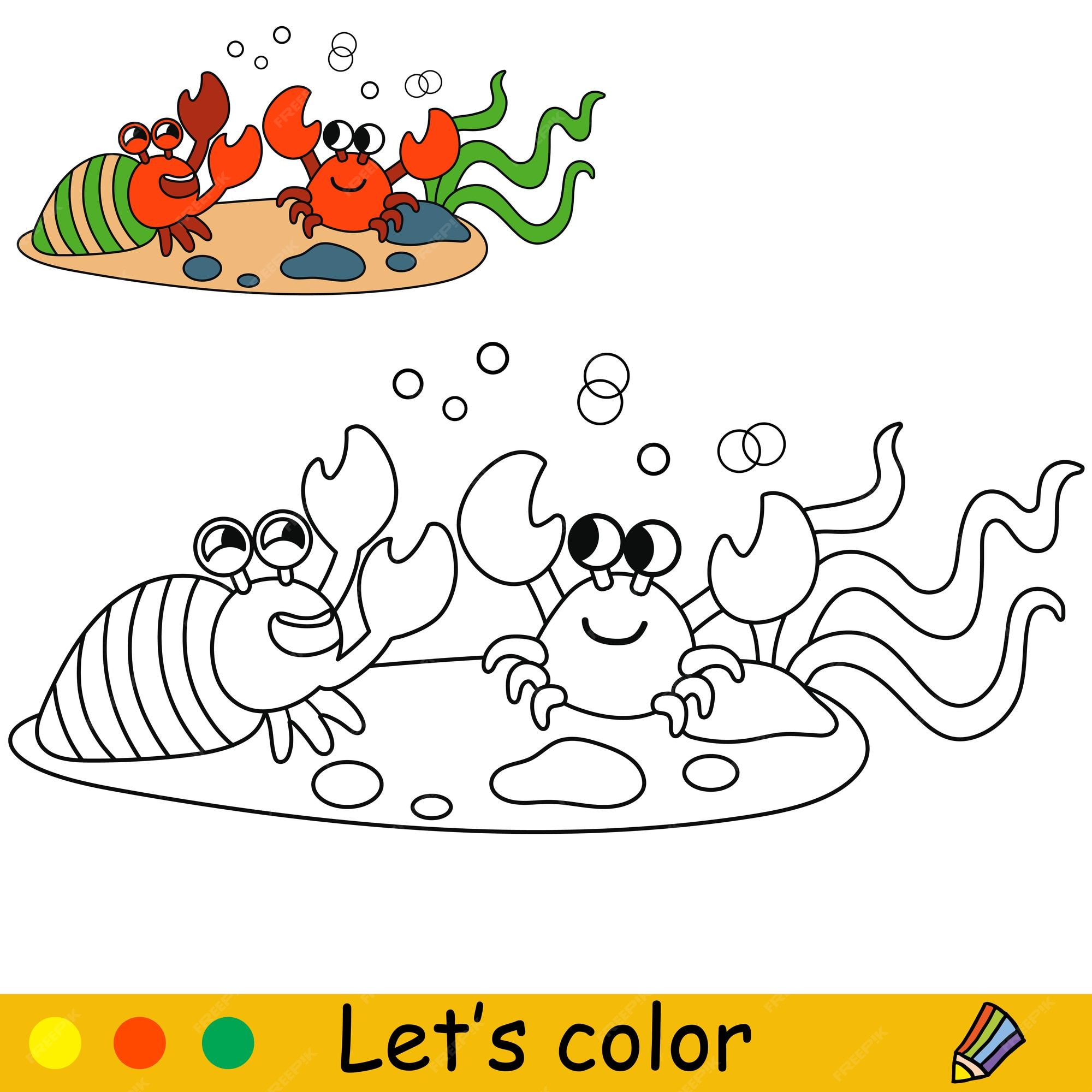 Premium vector cute and happy two red crabs on a seabed vector cartoon black and white illustration kids coloring page with a color sample for print design poster sticker card decoration