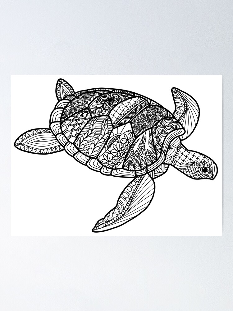 Coloring book style sea turtle ocean life doodle art illustration poster for sale by picadillyprints