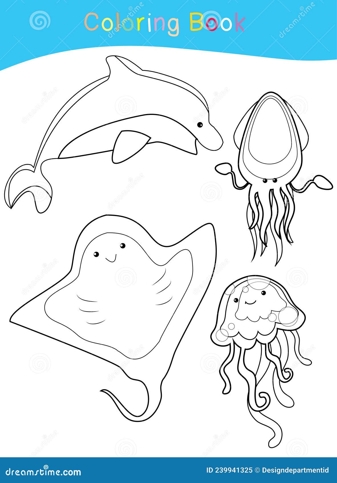 Its coloring time coloring sea animals worksheet page stock vector