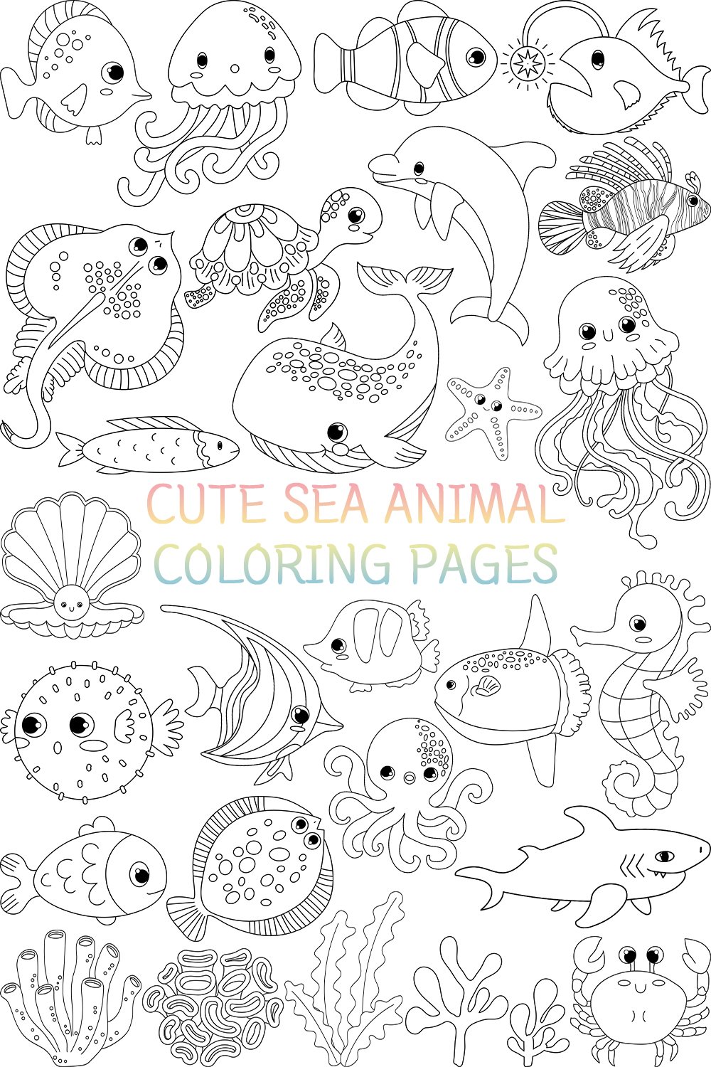 Sea animals coloring pages cute fish jellyfish seaweed