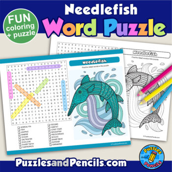 Needlefish word search puzzle and coloring activity page marine life