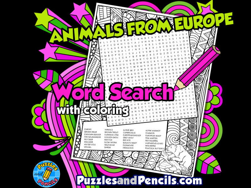 Animals from europe word search puzzle with colouring europe wordsearch teaching resources