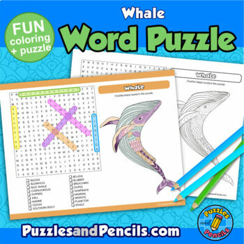 Whale word search puzzle and coloring activity page marine life